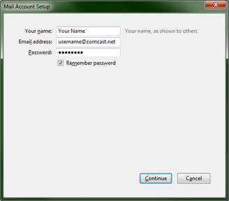 The mail account setup screen displays fields for your name, email address and password with buttons for continue and cancel at the bottom of the screen