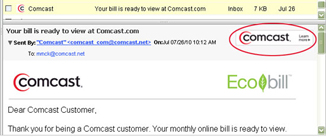 Email from Comcast with the Comcast icon and the full Comcast logo in the upper right corner of the email body.