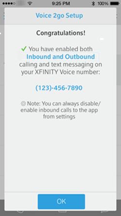 The Voice 2go congratulations screen summarizes your selections for inbound and outbound calls and includes a message that it may take several minutes to complete the activation. There is an OK button at the bottom of the window.