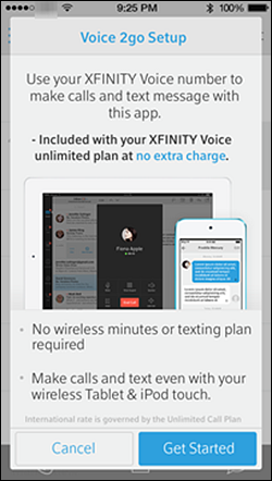 A sign up screen for voice to go displays a cancel button and a get started button