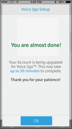 A thank you message tells the customer that the upgrade is almost done and may take up to thirty minutes to complete