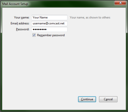 On the Mail Account Setup screen, user's name, email and password information has been input into the appropriate fields.
