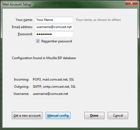 On the Mail Account Setup screen, the Manual Config button is highlighted.