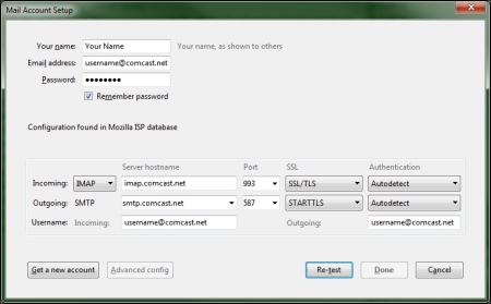 On the Mail Account Setup screen, selections for IMAP, SMTP and SSL have been made in the Server hostname section.