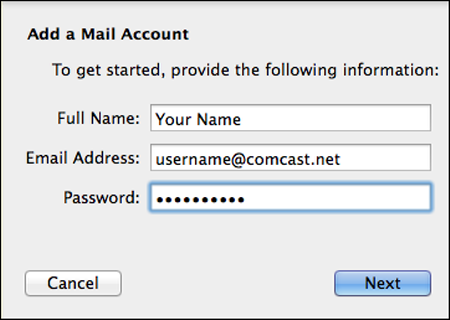 In the Add a Mail Account screen, the Next button is highlighted.
