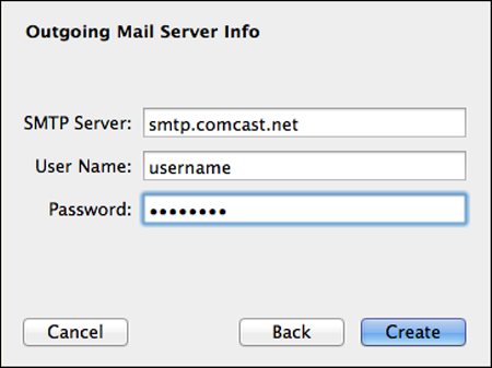 In the Outgoing Mail Server Info screen, the SMTP Server, User Name and Password fields are populated and the Create button is highlighted.