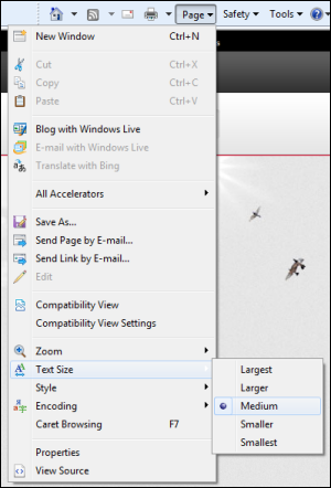 On the Page tab, Text Size is selected and the option to pick the largest text is highlighted.