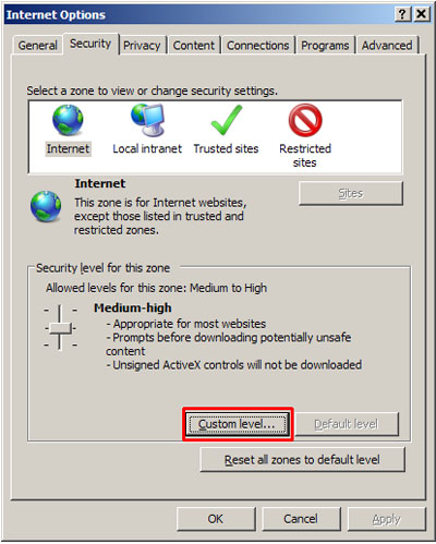 Internet Options -Security tab - "Custom level" button selected