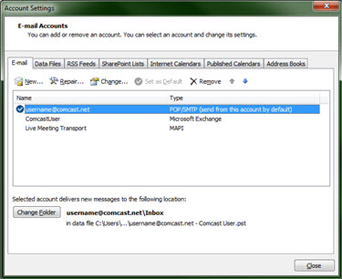 Microsoft Outlook - Account Settings - email tab