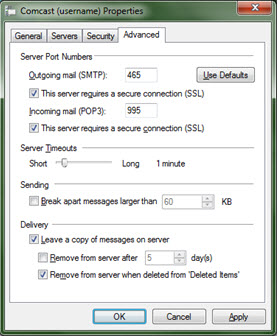 In the Incoming Mail (POP3) field, enter 995. Click the check box below next to This server requires a secure connection (SSL).