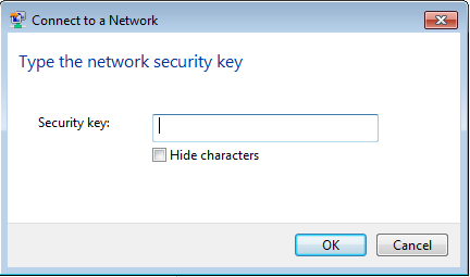 After the "Type the network security key" message is a blank box in center screen next to Security Key. There is an OK button and a Cancel button at the bottom of the window.
