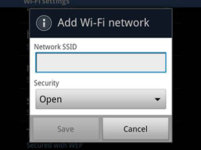 Android - Wi-Fi settings menu: Add Wi-Fi network prompt