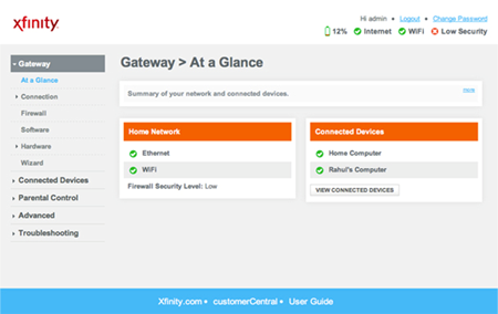 Wireless gateway Admin Tool - Gateway > At a Glance screen