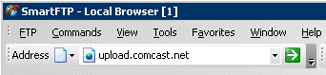 SmartFTP Page displays and in the address field upload.comcast.net shows.