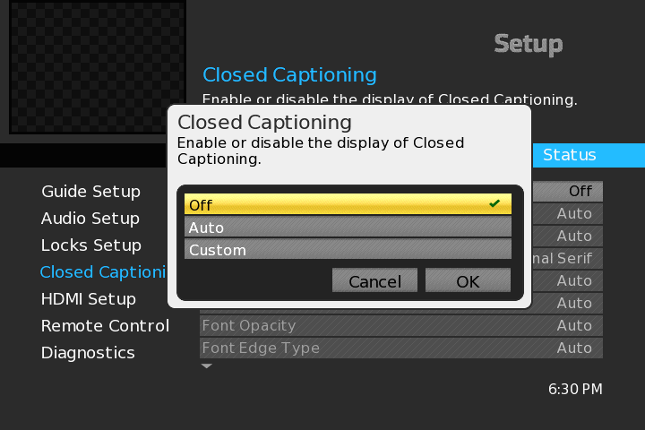 Options to enable or disable the closed captioning display is shown.