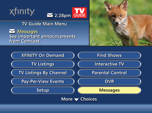 The on screen guide's main menu is displayed with Messages selected in the bottom-right corner of the menu screen