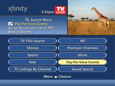 Pay per view events is selected from the menu
