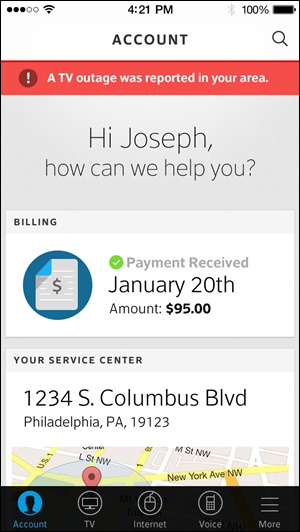 Example of app banner with message at the top indicating "A TV outage was reported in your area"