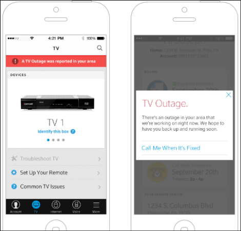 XFINITY My Account app - screens displaying outages.