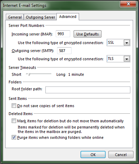 On the Advanced tab of the Internet E-mail Settings screen, the encryption connection selections are displayed at the top.