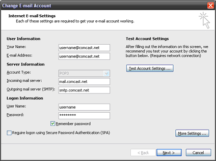 comcast email setup for outlook 2007