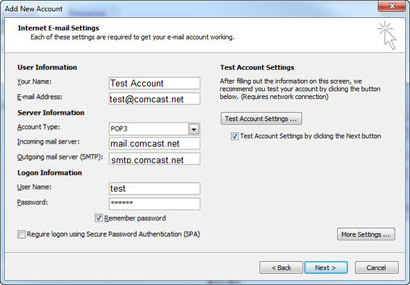 comcast incoming mail server imap setting
