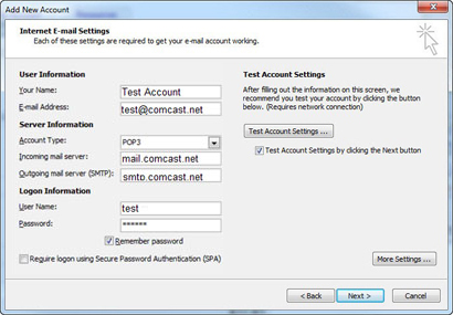 comcast incoming mail server settings for outlook