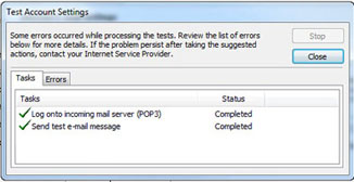 Outlook Express - Test Account Settings Window - Check the settings by clicking Test Account Settings on the Internet Email Settings screen. After the test is completed, click Close.