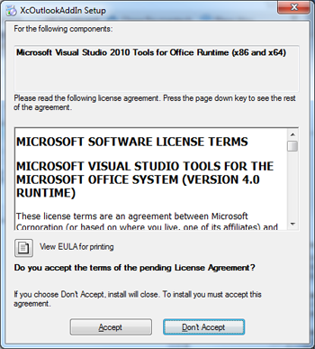 Accept and Don't Accept buttons are displayed beneath Microsoft's software license terms