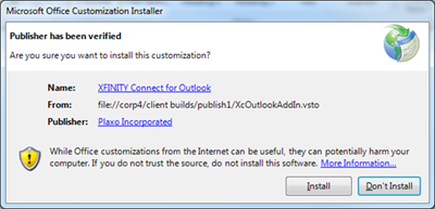 Install and Don't Install buttons are displayed on the Microsoft Office Customization Installer screen