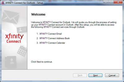 The XFINITY Connect welcome screen is displayed