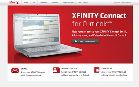 The XFINITY Connect for Outlook screen is displayed