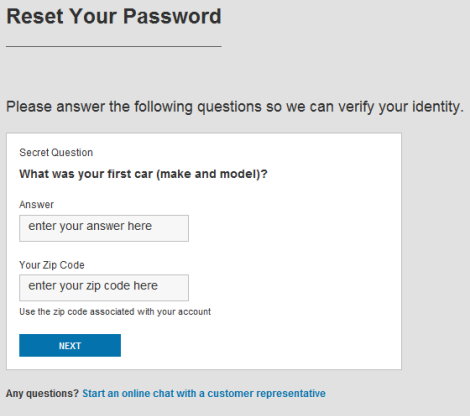 Reset Your Password screen asks for secret questions for identity verification.