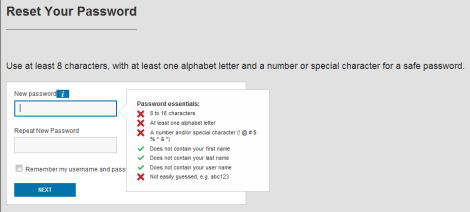 Reset Your Password screen requests new password entry twice.
