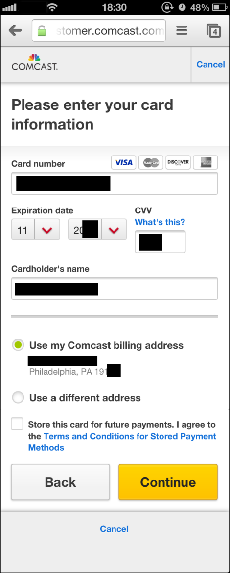 Enter payment information window
