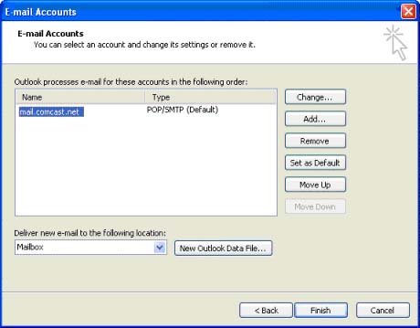 comcast email server settings for outlook 2007