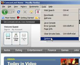 Firefox - Click Tools then Click Options from the drop-down list