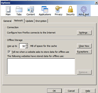 Firefox Options Window - Click the Advanced Icon