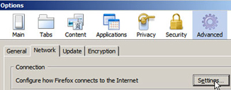 Firefox Options Window - Network Tab - Click Settings