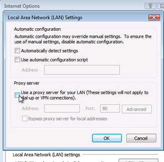 Internet Explorer - LAN Settings - Click the Use a proxy server for your LAN box to uncheck then click OK