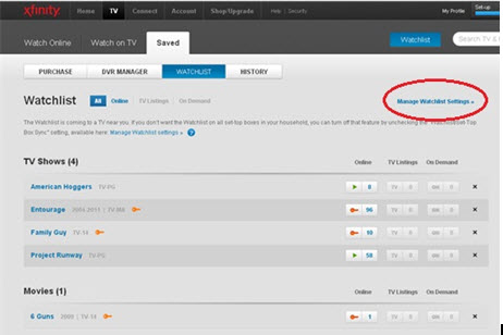 Manage Watchlist Settings is circled on the tab labeled Saved