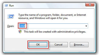 Run window opens and cmd is typed in the Open field. Click OK.