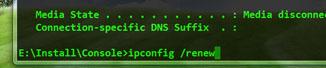 In Console Command Window, on the line below Connection-specific DNS suffix, type E:InstallConsole>ipconfig/renew