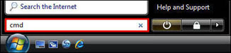 CMD is typed in the Start Search box
