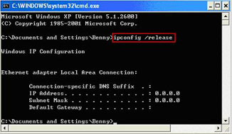 In the CMD window, type C:Documents and Settingsyour computer name>ipconfig /release and hit Enter. Note there is a a space between ipconfig and /release.