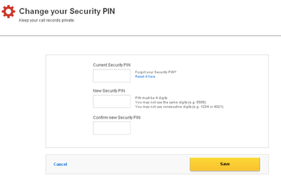 Change Your Security PIN screen displays fields for current and new PIN.