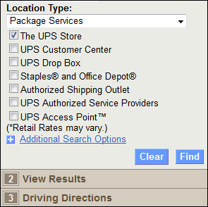 Esto muestra la pantalla de entrega de UPS.com. Hay una lista de tipos de ubicación, un menú desplegable con Servicios de paquetes seleccionado y la casilla titulada The UPS Store seleccionada.