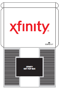 The XFINITY TV set-top box is depicted in the self-installation kit's box