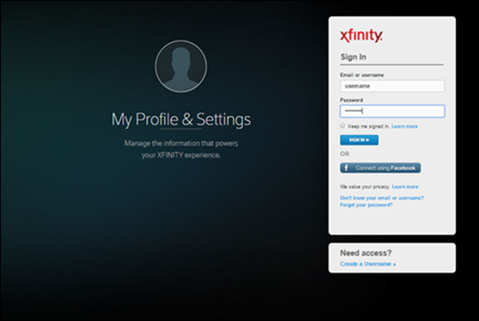 On the My Profile & Settings screen, the Email or Username field appears on the right hand side. The Password field is beneath it, and the Sign In button is beneath the Password field.
