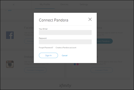 The Connect Pandora window includes a Your Email field and a Password field beneath it. Beneath that is a Sign In button on the left and a Cancel button on the right.
